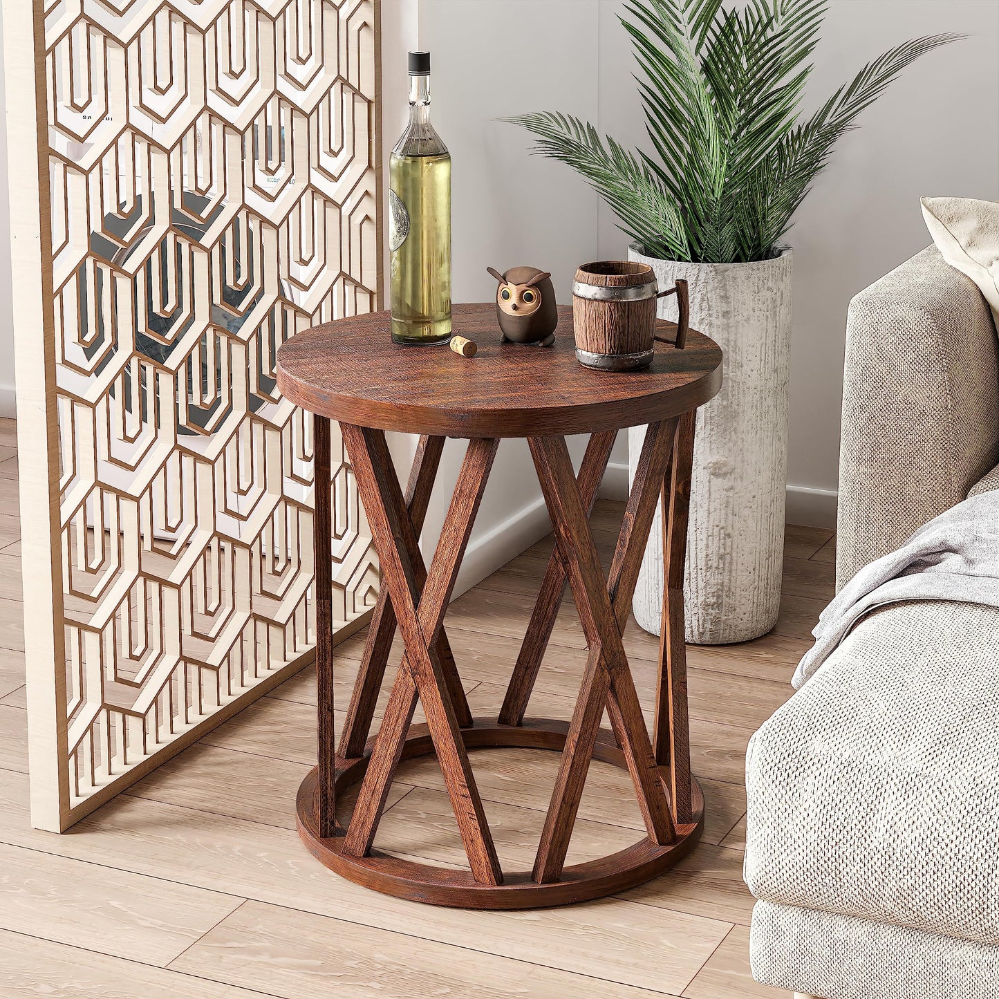 COZAYH Farmhouse End Table, Rustic Round Side Table with X-Motifs Legs, Wood Textured Top, for Boho, French Country Decor, Brown - WoodArtSupply