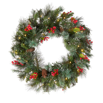 National Tree Company Pre-Lit Artificial Christmas Wreath, Green, Wintry Pine, White Lights, Decorated with Pine Cones, Berry Clusters, Frosted Branches, Christmas Collection, 24 Inches