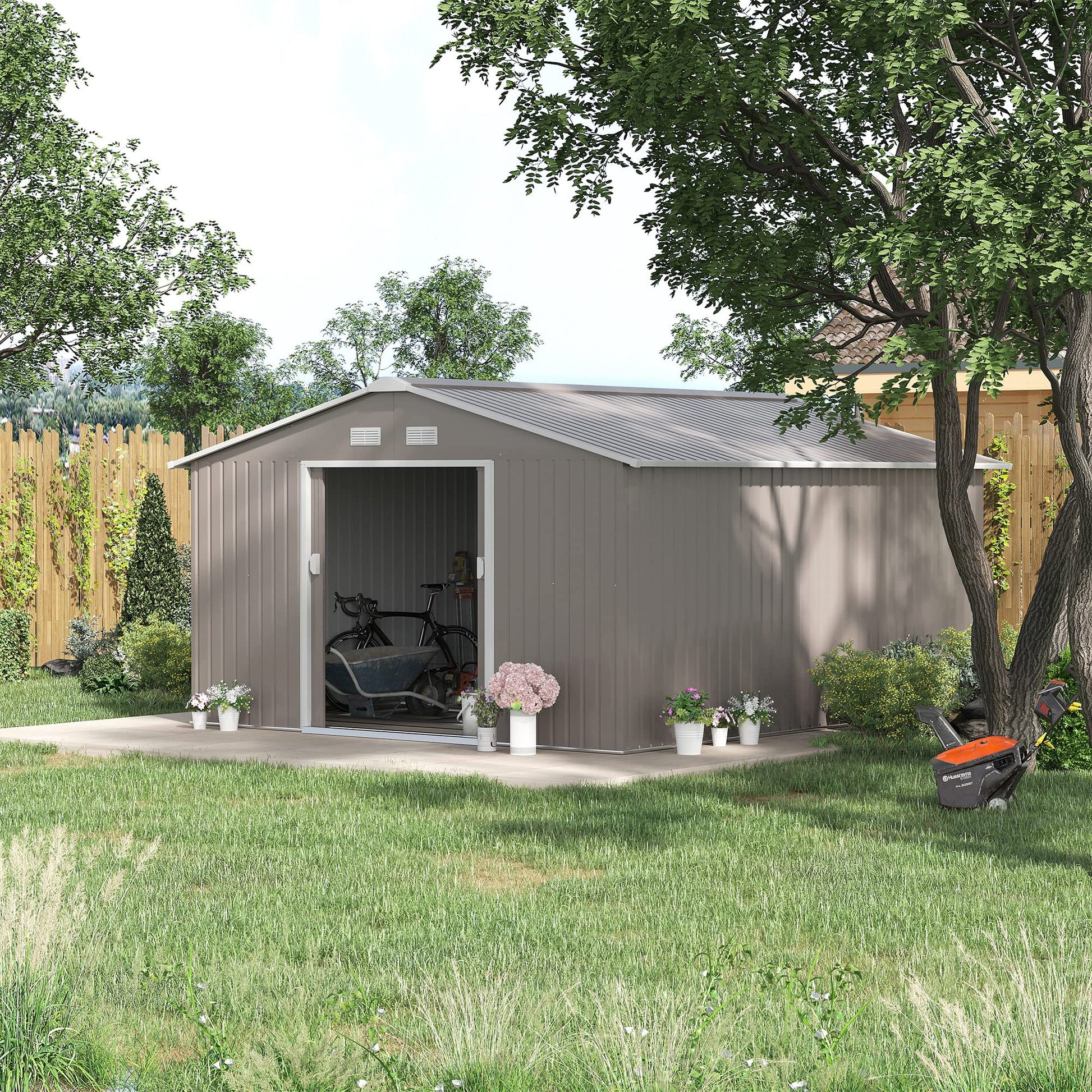 Outsunny 11' x 13' Outdoor Storage Shed, Garden Tool House with Foundation Kit, 4 Vents and 2 Easy Sliding Doors for Backyard, Patio, Garage, Lawn, Light Gray - WoodArtSupply