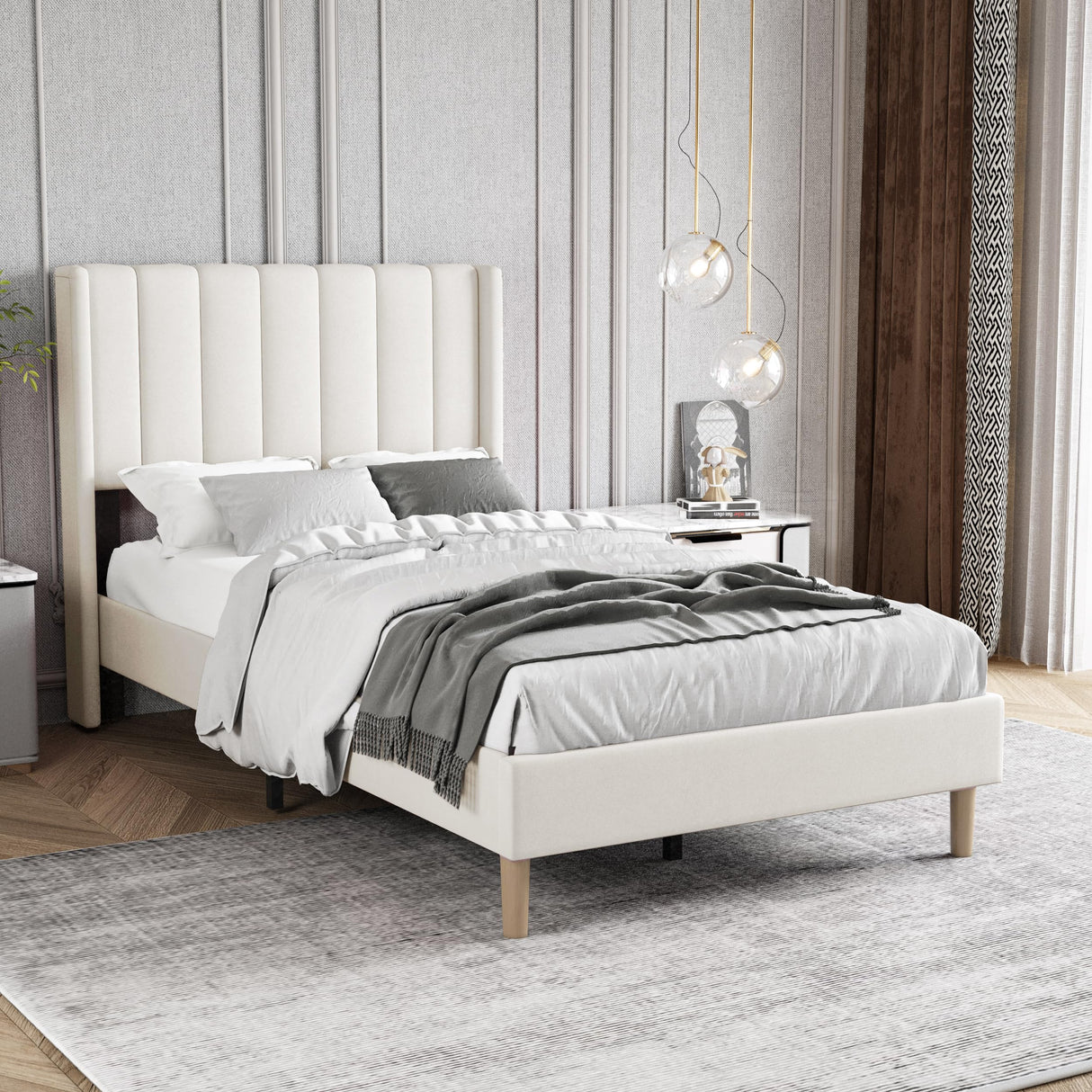 Zoophyter Upholstered Platform Bed Frame Twin Size with Headboard,Strong Wooden Slats Support No Box Spring Needed Easy Assembly Beige Velvet Zoophyter