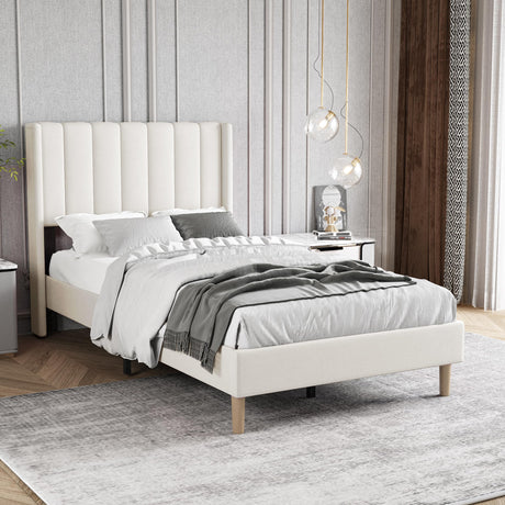 Zoophyter Upholstered Platform Bed Frame Twin Size with Headboard,Strong Wooden Slats Support No Box Spring Needed Easy Assembly Beige Velvet Zoophyter