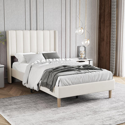 Zoophyter Upholstered Platform Bed Frame Twin Size with Headboard,Strong Wooden Slats Support No Box Spring Needed Easy Assembly Beige Velvet