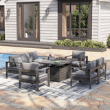 Solaste Aluminum Patio Furniture Set with Fire Pit Table, 7 Seats Metal Outdoor Furniture with Water-Resistant Cushions, Modern Patio Conversation Set for Balcony, Front Porch, and Backyard, Grey Solaste