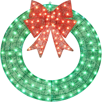 Yaheetech 48in Large Christmas Wreath, Pre-Lit Outdoor Christmas Wreath Decoration w/ 140 Lights, Bow, LED Metal Holiday Decor for Wall Home Exterior Garden Green