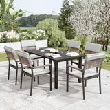 Sundale Outdoor Metal Dining Set for 6, 6-Piece Patio Dining Table and Stackable Rattan Chairs Set with Headrests and Cushions for Backyard, Garden, Deck, Light Gray Sundale Outdoor