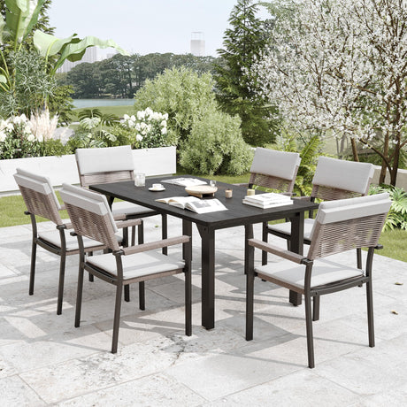 Sundale Outdoor Metal Dining Set for 6, 6-Piece Patio Dining Table and Stackable Rattan Chairs Set with Headrests and Cushions for Backyard, Garden, Deck, Light Gray Sundale Outdoor
