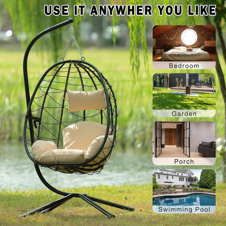 Hanging Egg Chair with Stand Wicker Egg Chair Indoor Outdoor Swing Basket Egg Chairs with UV Resistant Removable & Washable Cushions,350LBS Capacity for Bedroom Porch BRIGHTREE
