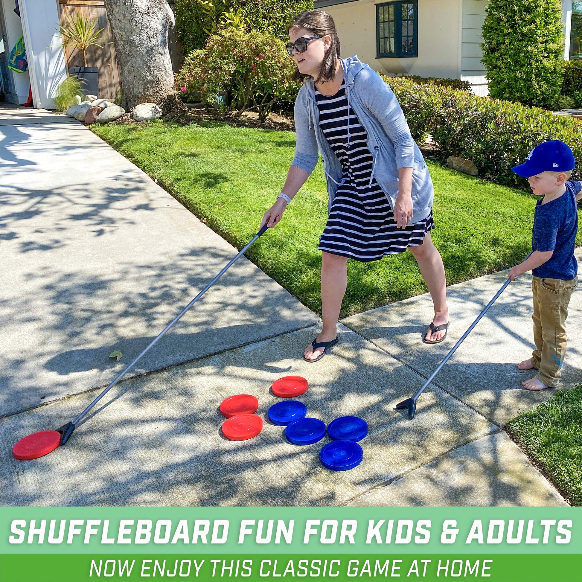 GoSports Driveway Shuffleboard Game Set - Includes 2 Shuffleboard Cue Sticks, 8 Pucks, 2 Pieces of Chalk - WoodArtSupply