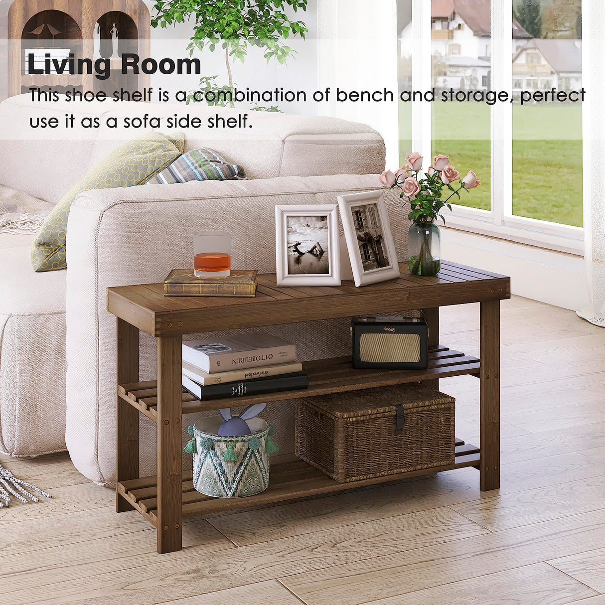 SMIBUY Bamboo Shoe Rack Bench, 3-Tier Shoe Organizer Storage Shelf for Entryway Hallway Bathroom Living Room (Walnut) SMIBUY