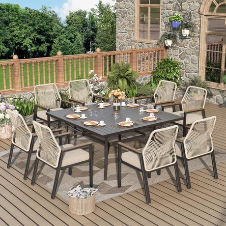 MIXPATIO 9 Pieces Outdoor Dining Set for 8, Patio Dining Set Wicker Rattan Chairs with Soft Cushion and Square Table with Umbrella Hole, Wicker Patio Table and Chairs for Backyard Porch MIXPATIO