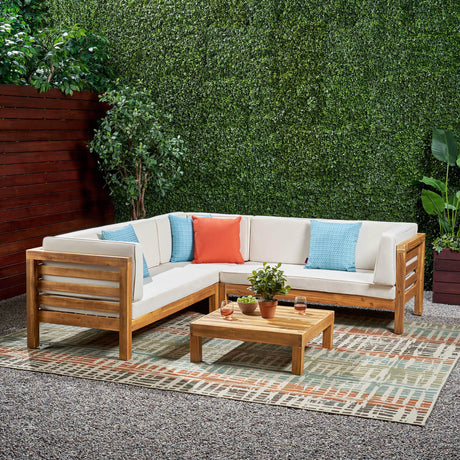 Christopher Knight Home Oana Outdoor Wooden Sectional Set with Cushions, 4-Pcs Set, Teak Finish / Beige GDFStudio