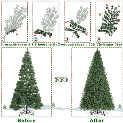 Yaheetech 12ft Pre-lit Spruce Artificial Hinged Christmas Pine Tree Prelighted Holiday Xmas Tree for Home Party Decoration with 1500 Warm White Lights and 4668 Branch Tips, Green