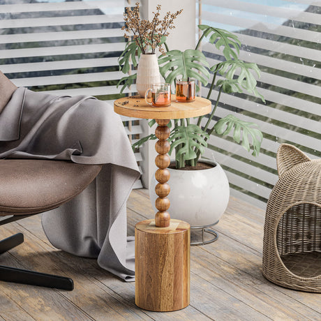 COZAYH Farmhouse Pedestal End table, Rustic Wood Drink Table with Base, Round Martini Table for Small Space Living Room, Bedroom, Natural Wood Color COZAYH