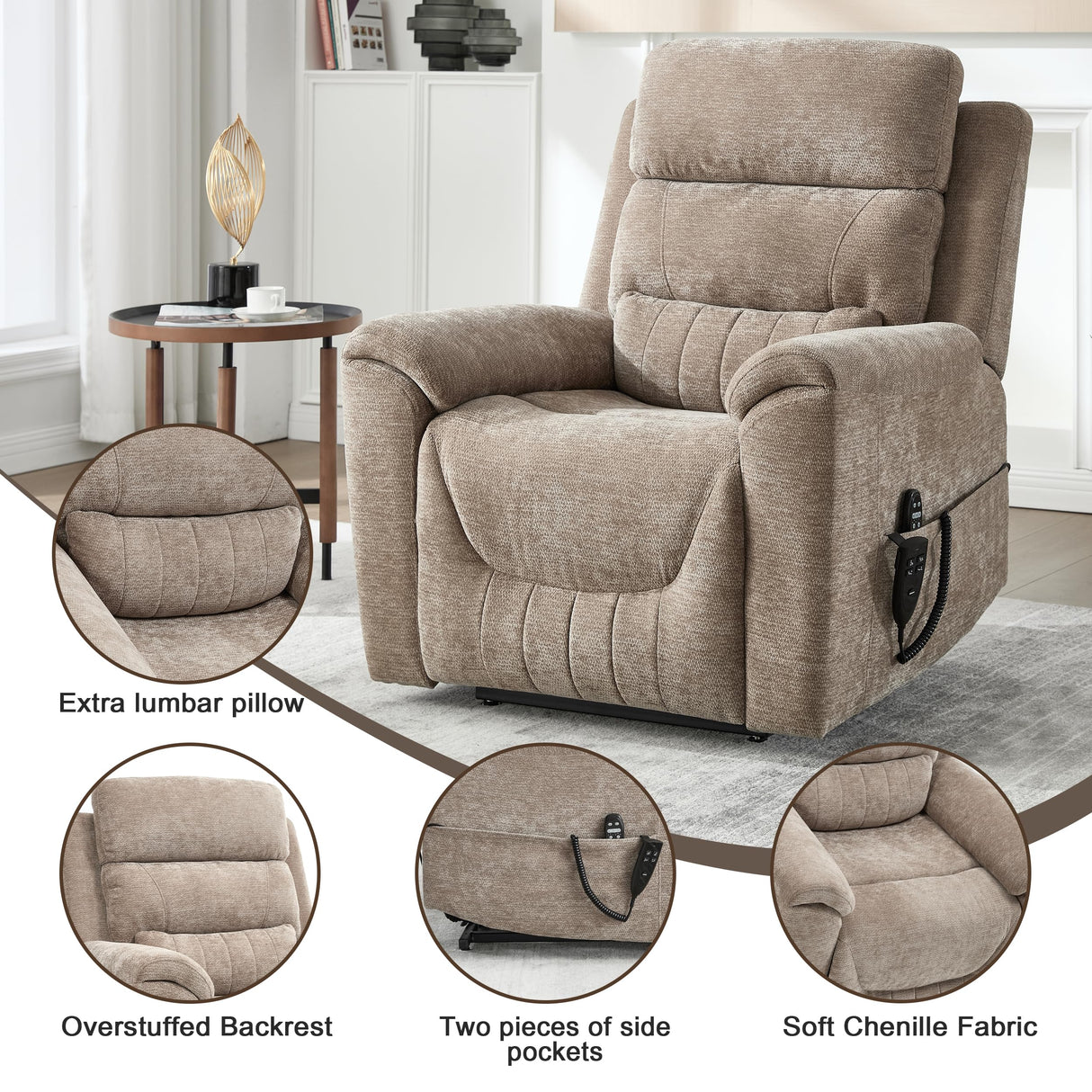 Trustyue Dual Motor Power Lift Recliner Chair with Lay Flat, Full-Body Vibration & Lumbar Heating - Lift Assist Chair for Elderly, Electric Recliner with Massage and Heat, Easy Assembly Khaki Trustyue