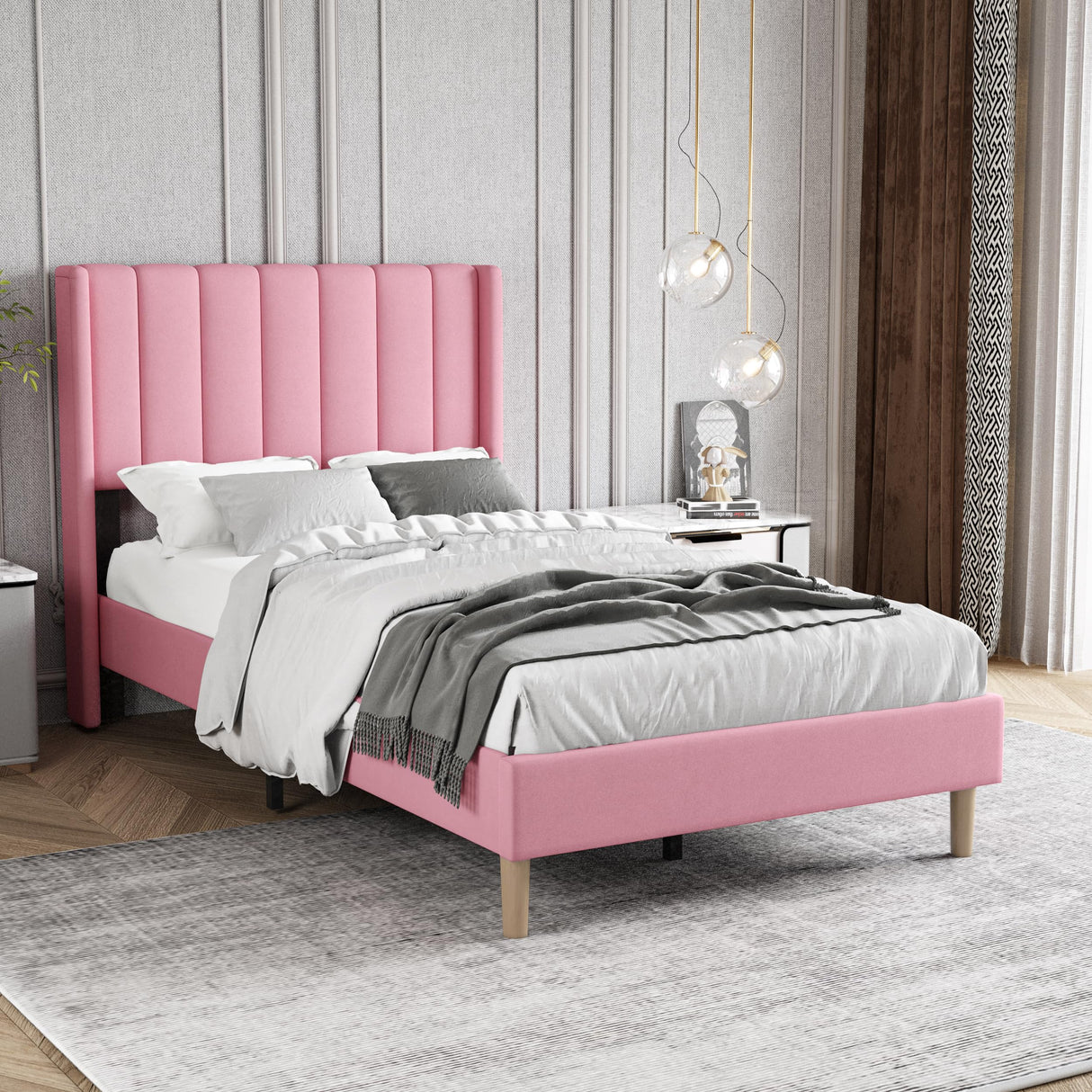 Zoophyter Upholstered Platform Bed Frame Twin Size with Headboard,Mattress Foundation/Strong Wooden Slats Support/No Box Spring Needed/Easy Assembly Pink Zoophyter