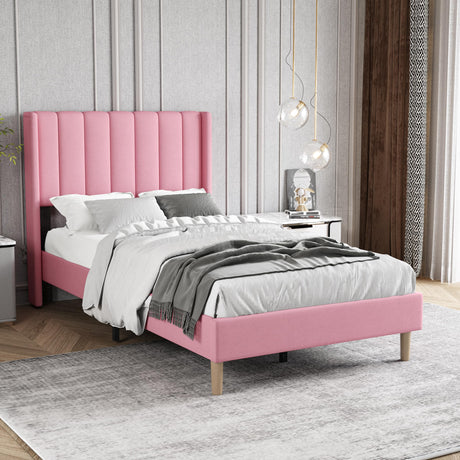 Zoophyter Upholstered Platform Bed Frame Twin Size with Headboard,Mattress Foundation/Strong Wooden Slats Support/No Box Spring Needed/Easy Assembly Pink Zoophyter