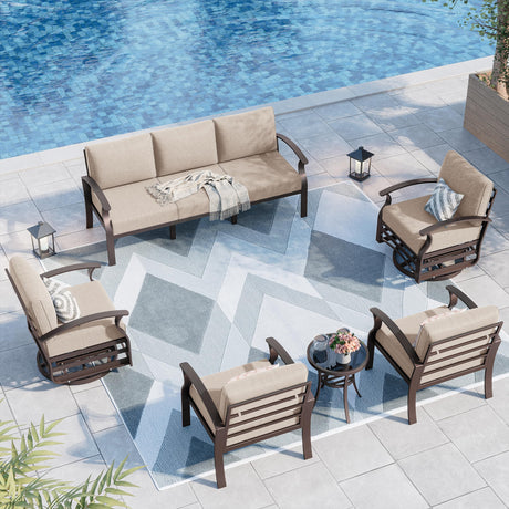 Kurapika Aluminum Patio Furniture Set 7-Seat Modern Metal Outdoor Conversation Sets w/Swivel Rocking Chairs Patio Sectional Sofa w/5.1 Inch Cushion, Sand Kurapika