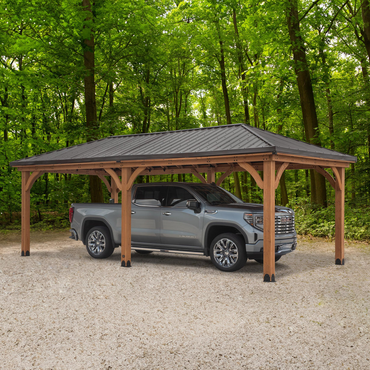 Backyard Discovery Barrington 24' x 12' Cedar Wood Outdoor Gazebo Pavilion with Hardtop Galvanized Steel Hip Roof, Snow Support, Wind Resistance, PowerPort, Shade for Garden, Patio, Deck, Entertaining Backyard Discovery