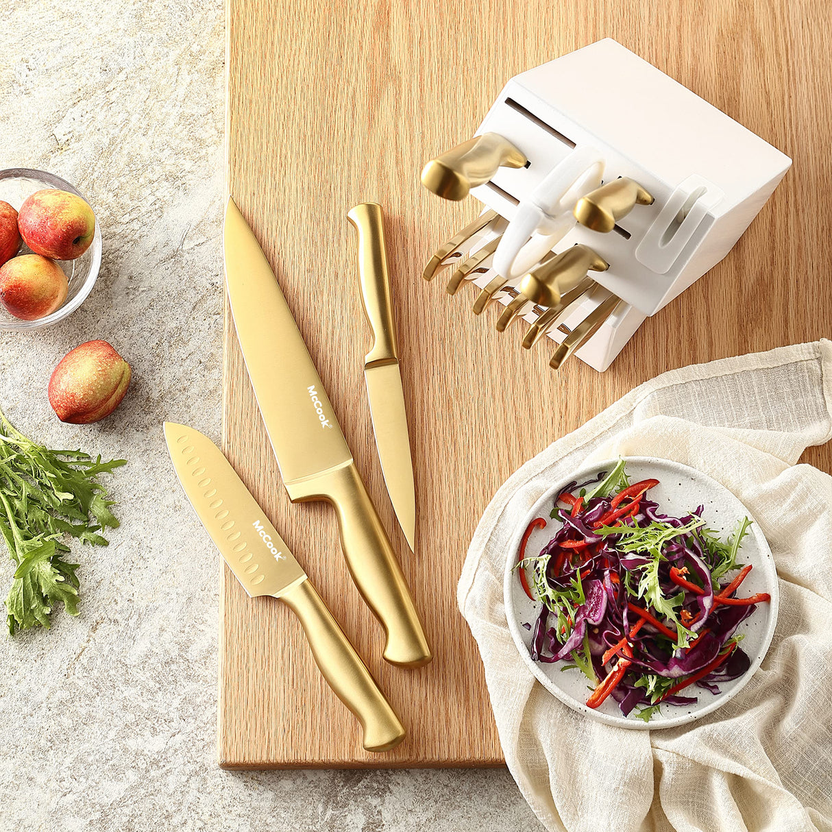 McCook® Knife Sets, Golden Titanium Stainless Steel Kitchen Knife Block Sets with Built-in Sharpener McCook