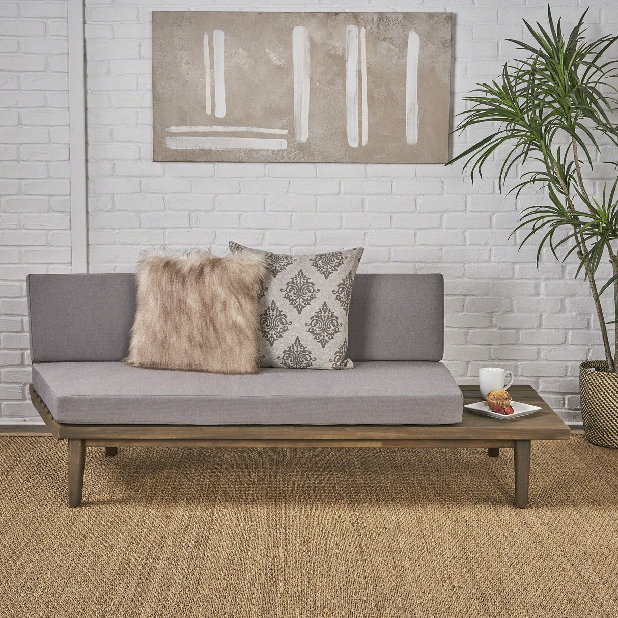 Christopher Knight Home Eulah Indoor Minimalist Acacia Wood Right-Sided Sofa with Grey Cushions, Grey Finish / Grey Christopher Knight Home