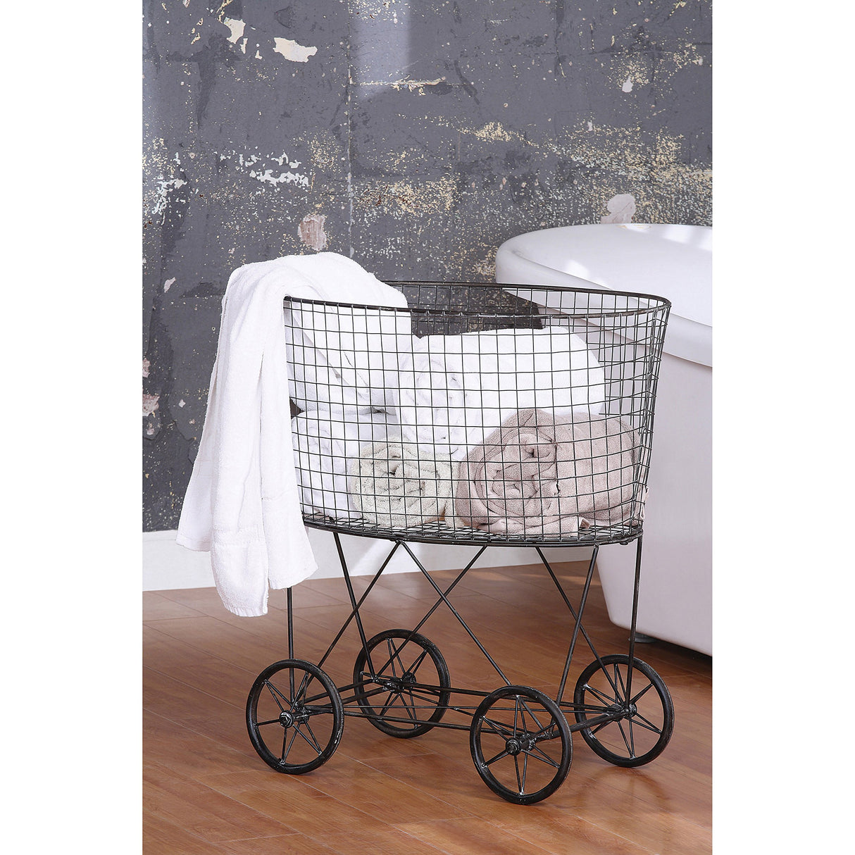 Creative Co-op Vintage Metal Laundry Basket with Wheels 25" x 15" x 26 3/4" (W x D x H) Creative Co-Op