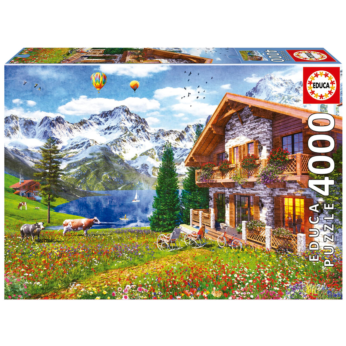 Educa - Chalet in The Alps - 4000 Piece Jigsaw Puzzle - Puzzle Glue Included - Completed Image Measures 53.54"x 37.79" - Ages 14+ (19568) Educa