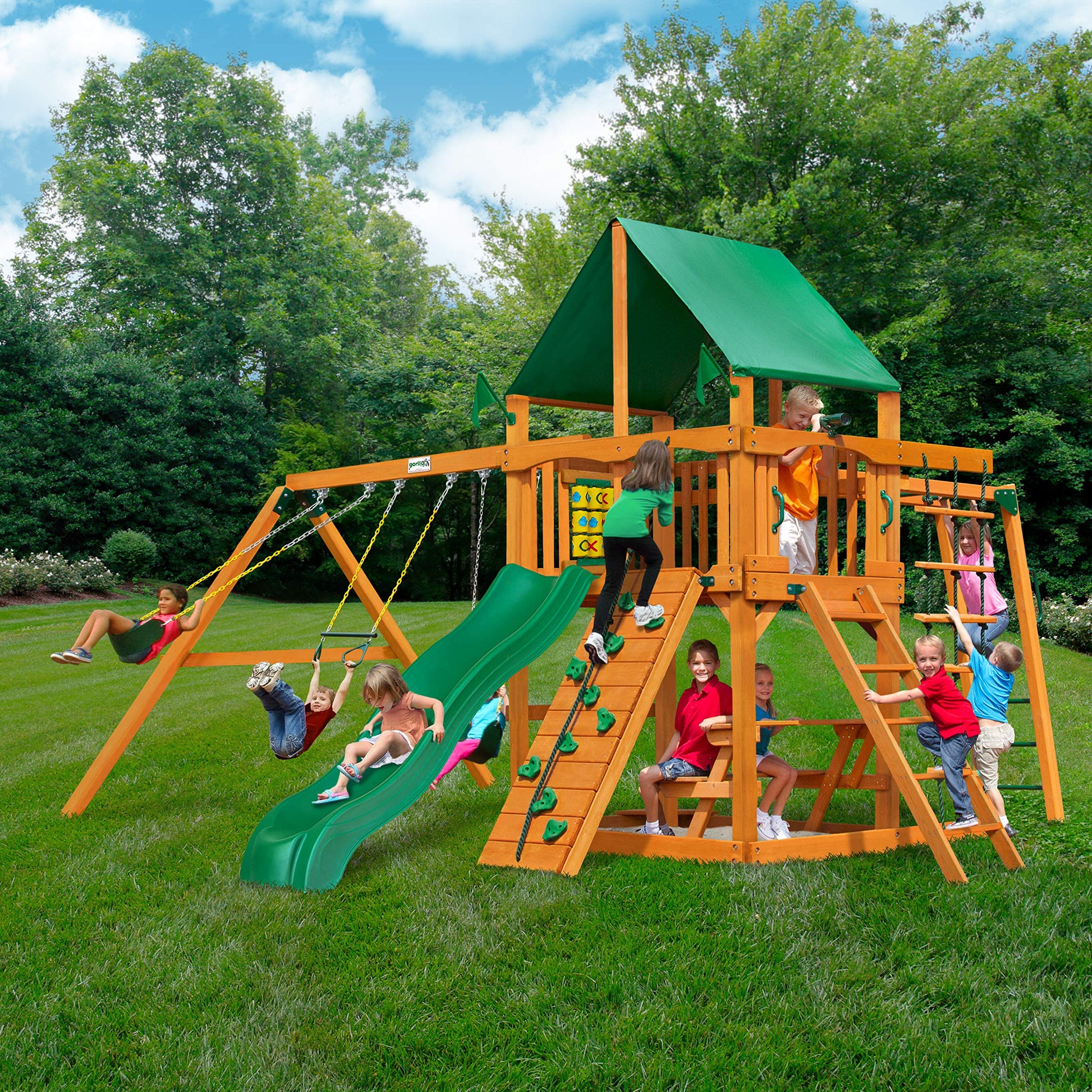 Gorilla Playsets 01-0020-AP-1 Navigator Wooden Swing Set with Deluxe Green Vinyl Canopy, Monkey Bars, Swings, and Slide, Brown - WoodArtSupply