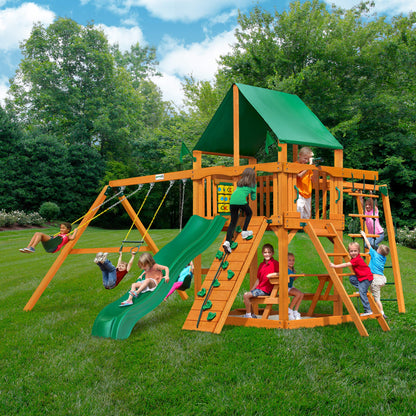 Gorilla Playsets 01-0020-AP-1 Navigator Wooden Swing Set with Deluxe Green Vinyl Canopy, Monkey Bars, Swings, and Slide, Brown - WoodArtSupply