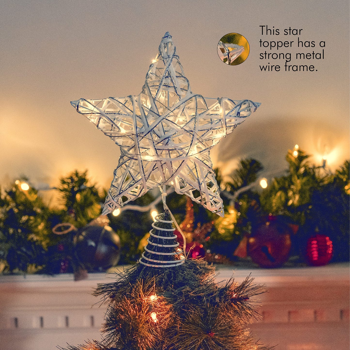 Ornativity Christmas Star Rattan Tree Topper – White and Silver Xmas Holiday Decor Rustic LED Lights Light Up Tree Top Topper Ornament Decoration 12"