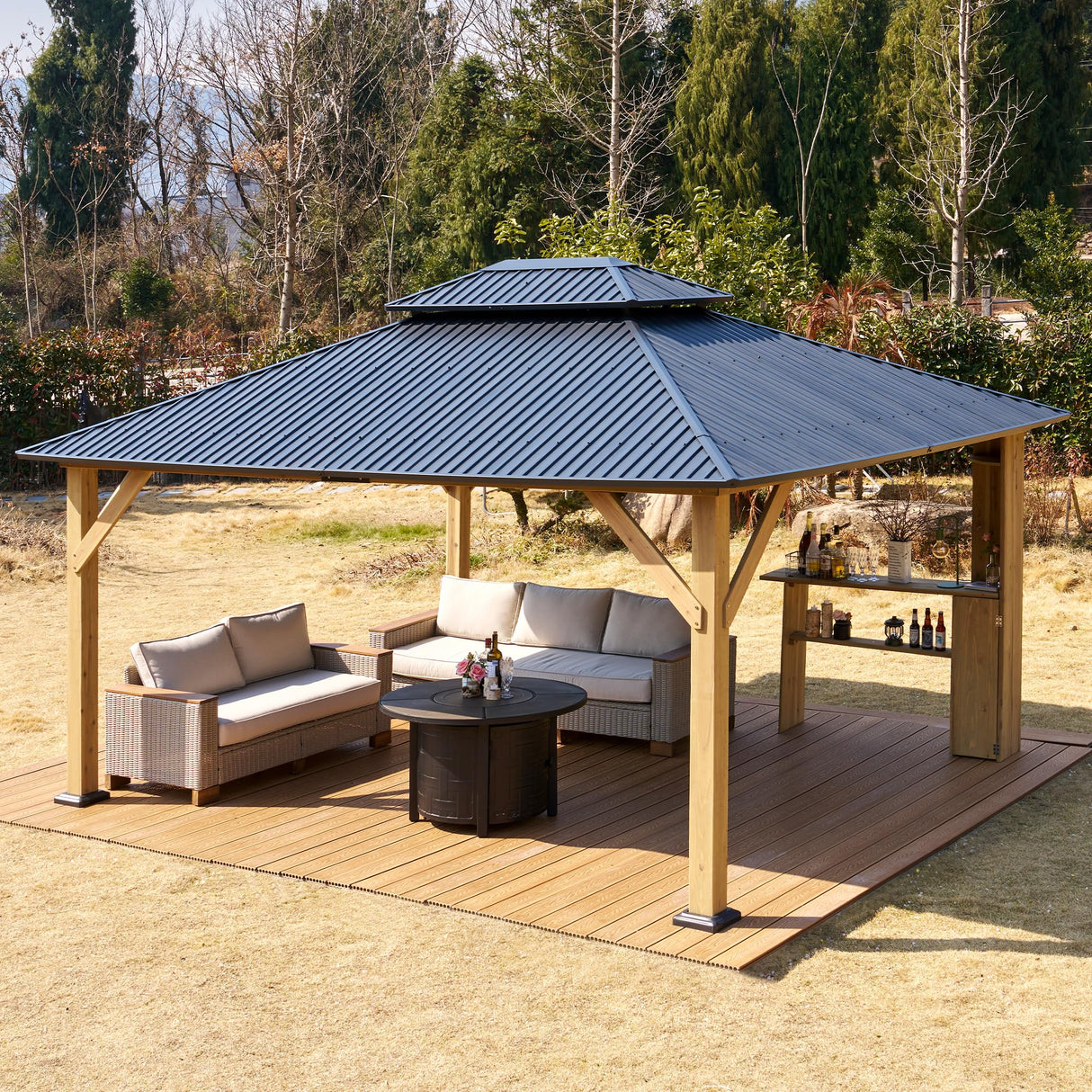 LUXOAK 13' x 15' Hardtop Gazebo,Aluminum Frame Outdoor Gazebo with Iron Roof Double Roof, Wood Gazebo for Patio, Backyard, Lawns, Parties, Black LUXOAK