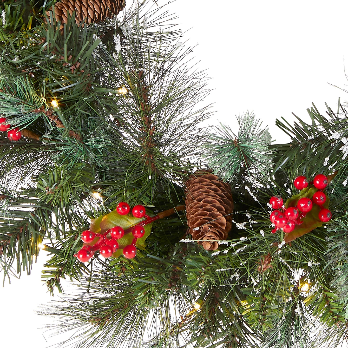 National Tree Company Pre-Lit Artificial Christmas Wreath, Green, Wintry Pine, White Lights, Decorated with Pine Cones, Berry Clusters, Frosted Branches, Christmas Collection, 24 Inches