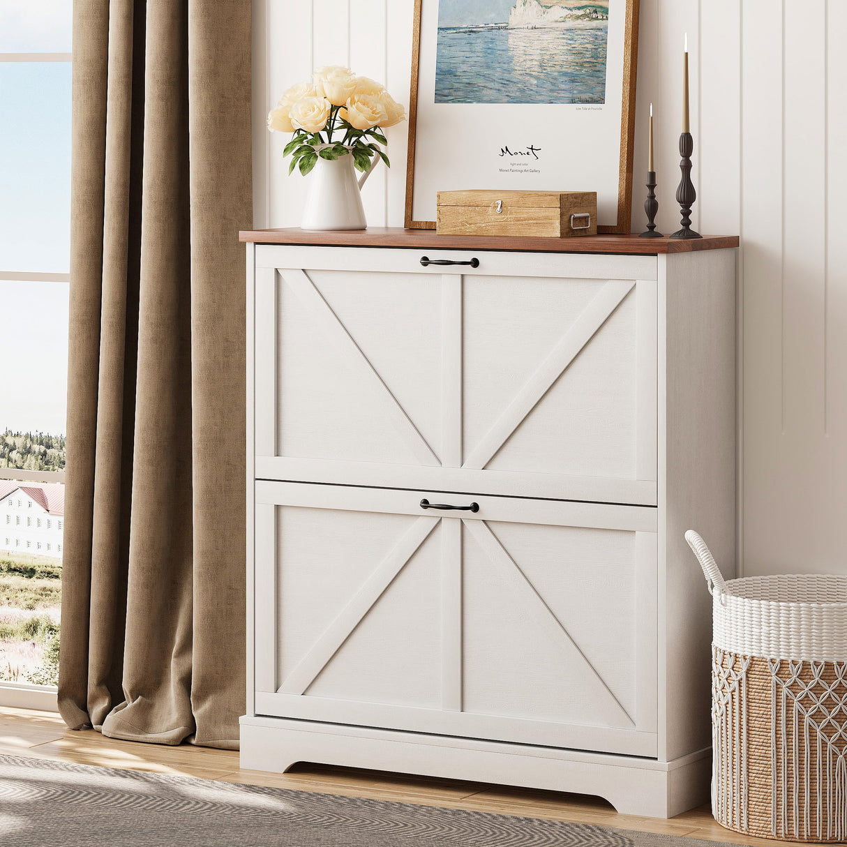 Smart FENDEE Shoe Storage Cabinet with 2 Flip Drawers, Narrow Entryway Organizer, Farmhouse Style with Wooden Feet, Slim Shoe Rack, White Smart FENDEE