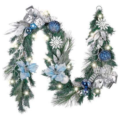 Valery Madelyn Pre-Lit Christmas Garland with Lights for Mantle, 6 feet Lighted Battery Operated Xmas Garland with Silver Light Blue Balls for Front Door Fireplace Table Centerpiece Outdoor Decor