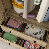 Homsee 4 Door Wardrobe Armoire Closet, Bedroom Cabinet Armoire with Rattan Doors, 5 Drawers, 2 Hanging Bars & Shelves, Light Brown Homsee