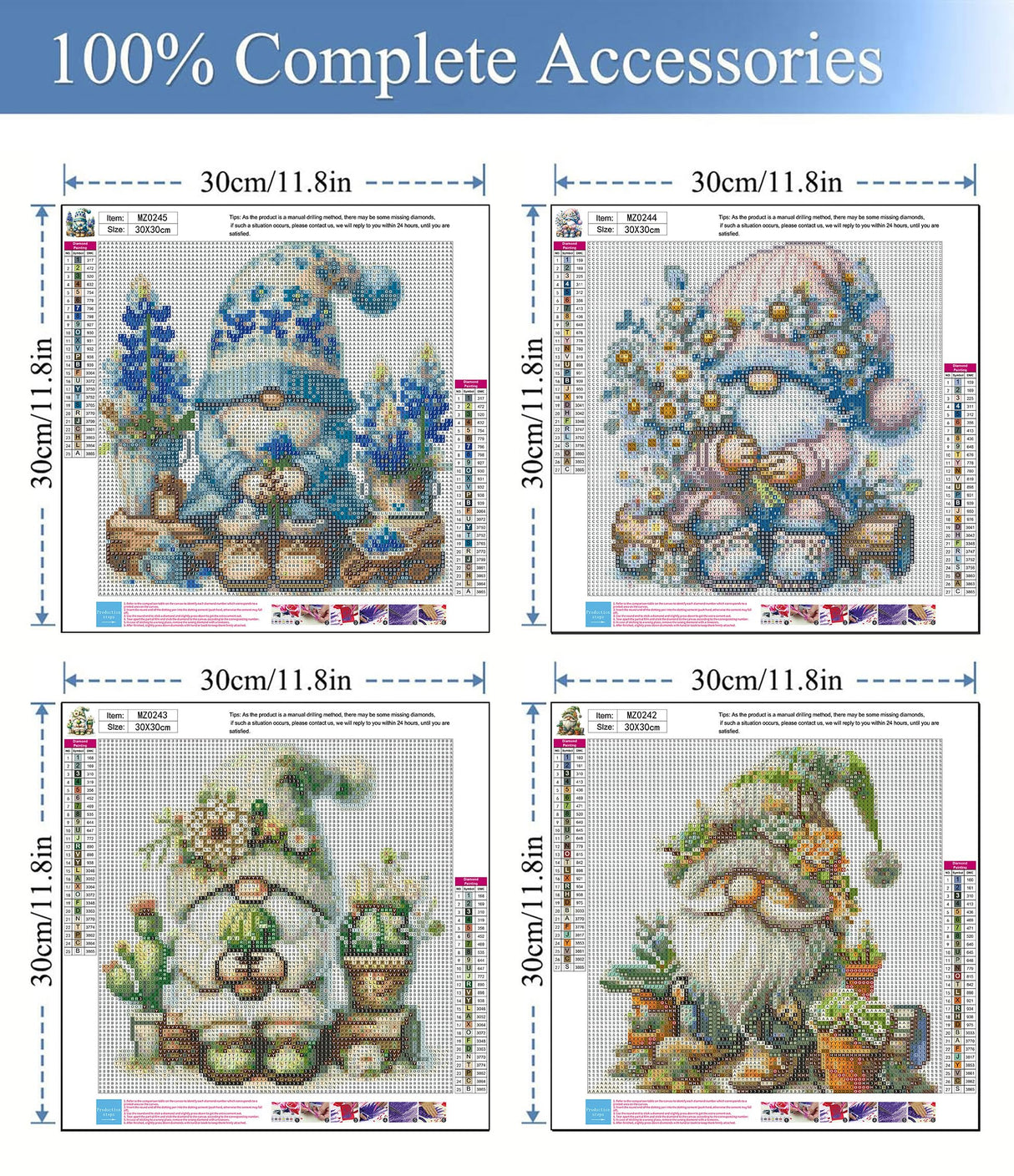 Diamond Art Kits for Adults, 4 Pack Spring Gnomes Diamond Painting Kits for Adults, 5D Round Full Drill Paint with Diamonds Gem Art Dots Crafts Painting Set for Home Wall Decor Gifts 12x12inch Meothan