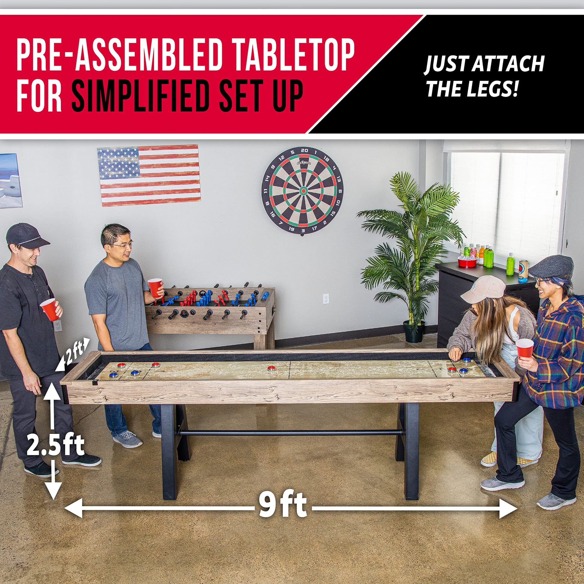 GoSports Premium 9 ft Shuffleboard Table with 8 Pucks, Shuffleboard Wax, and Brush - WoodArtSupply