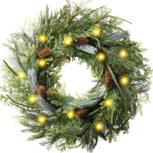 Decorbyhannah Christmas Wreath, 24 inch Prelit Collapsible Norfolk Pine Christmas Wreaths for Front Door, Aritificial Cypress Christmas Wreath with Lights for Outdoor Window Table Holiday Decorations