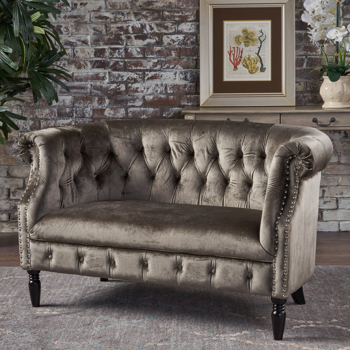 Christopher Knight Home Milani Tufted Scroll Arm Velvet Loveseat, Grey / Dark Brown Christopher Knight Home