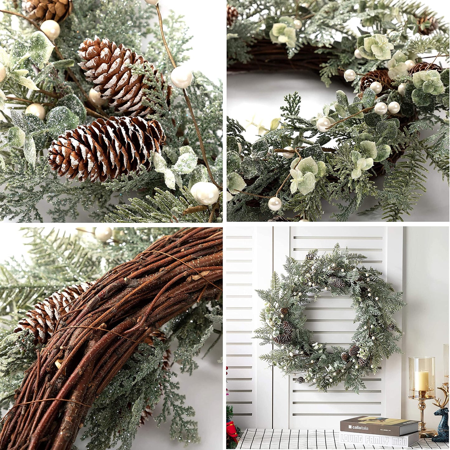 LOHASBEE Artificial Christmas Wreath, 24" Pine Cone Grapevine Flocked Glitter Fir Wreath with White Berries for Christmas Home Front Door Hanging Wall Window Decor