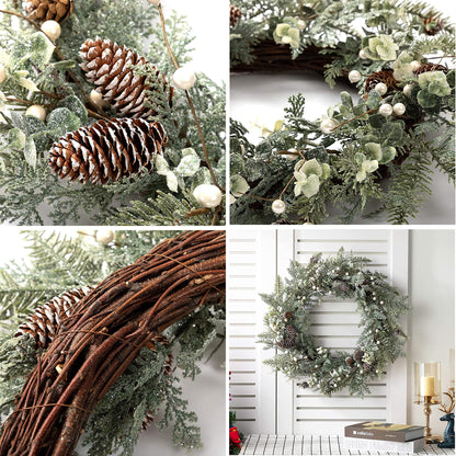 LOHASBEE Artificial Christmas Wreath, 24" Pine Cone Grapevine Flocked Glitter Fir Wreath with White Berries for Christmas Home Front Door Hanging Wall Window Decor