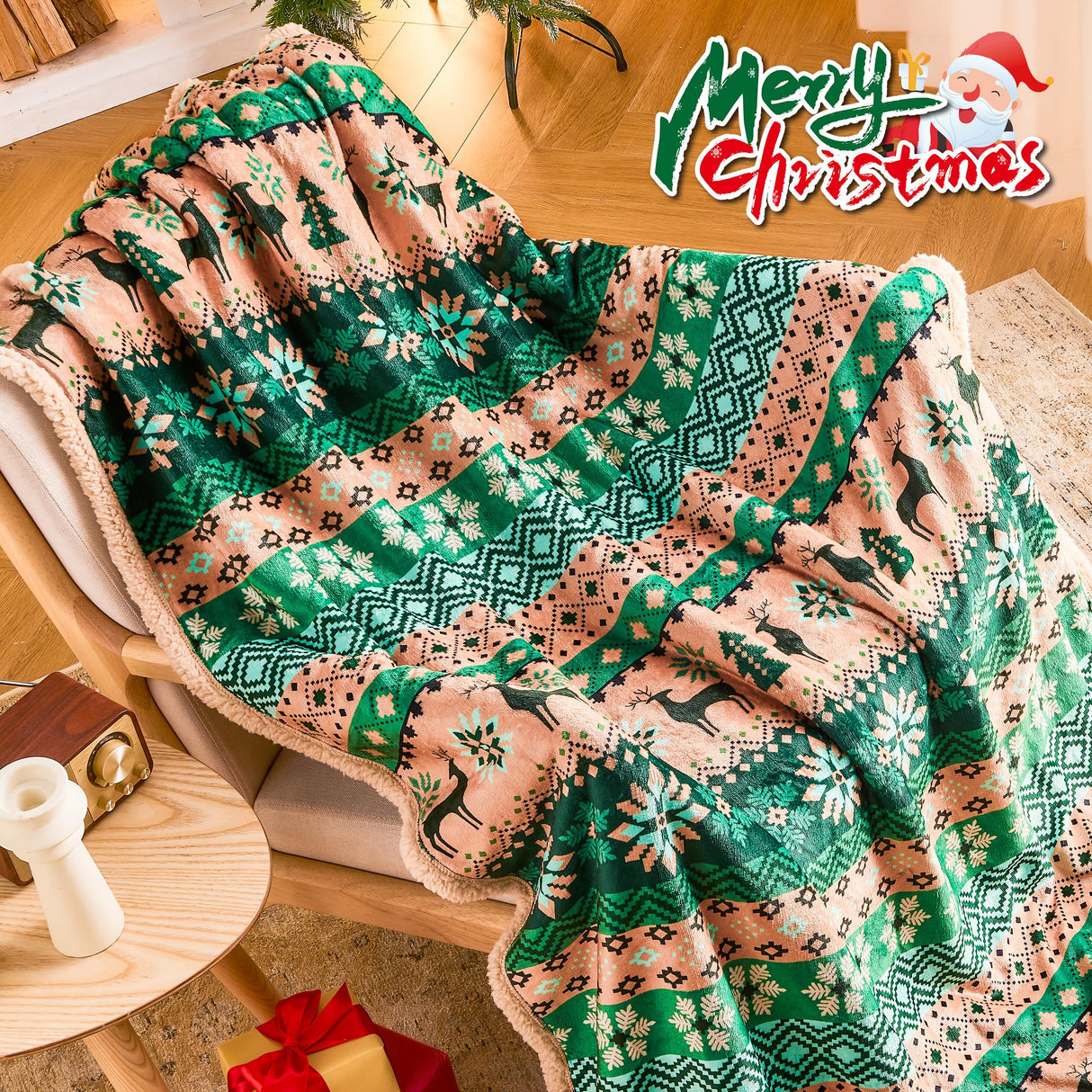 Ramees Christmas Throw Blanket, Christmas Decorations Blankets and Throws, Fuzzy Cozy Soft Warm Fleece Sherpa Winter Holiday Blanket for Bed Couch Sofa Reindeer Snowflakes Ramees