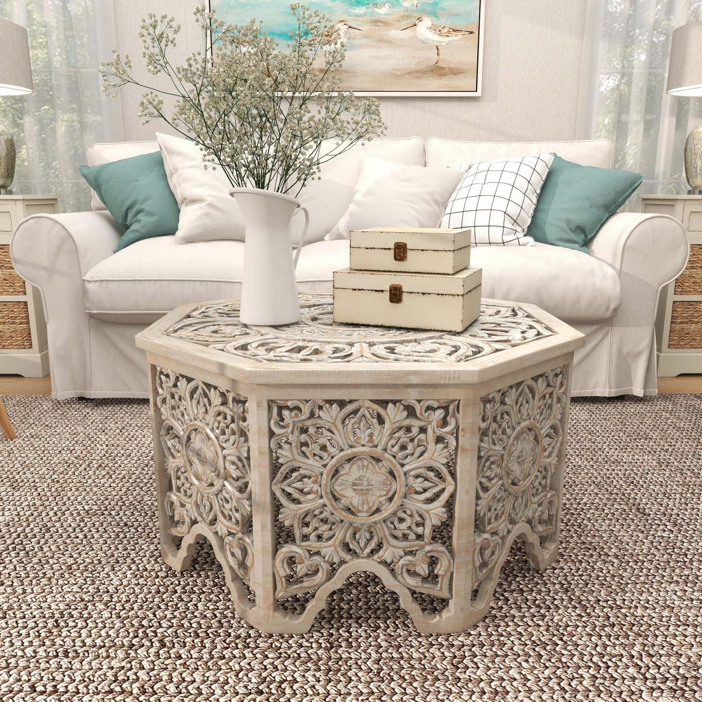 Deco 79 Wooden Floral Handmade Living Room Coffee Table Intricately Carved Table with Hollow Interior, Center Table 33" x 33" x 18", Light Gray - WoodArtSupply