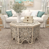 Deco 79 Wooden Floral Handmade Living Room Coffee Table Intricately Carved Table with Hollow Interior, Center Table 33" x 33" x 18", Light Gray Deco 79