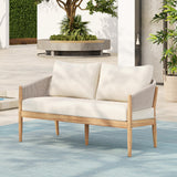 Christopher Knight Home Katarina Patio Acacia Wood Loveseat Furniture, Outdoor Loveseat Sofa with Comfy Fabric Cushions, 2-Seater Sofa with Handwoven Rope Backrest for Garden, Light Brown+Beige Christopher Knight Home