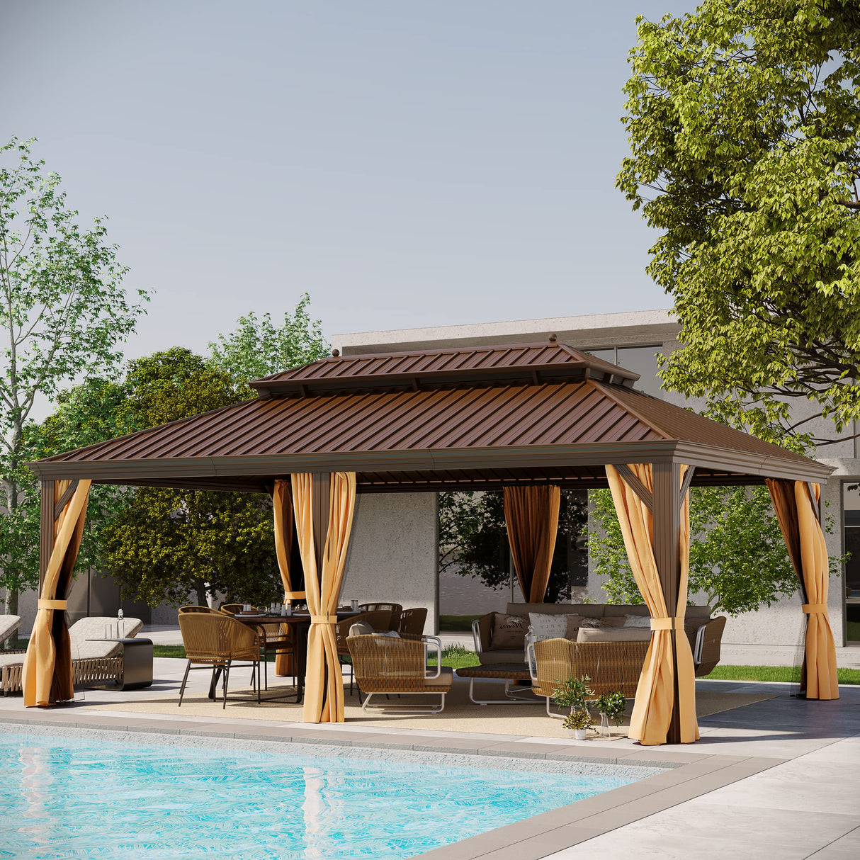 GAZEBEST 14'x20' Hardtop Gazebo Outdoor Aluminum Patio Gazebo Double Roof Galvanized Steel Gazebo Canopy with Netting and Curtains,for Garden Patio,Patio Backyard,Deck and Lawns GAZEBEST