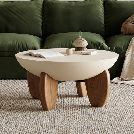 homary Round Concrete Coffee Table with Premium Walnut Ash Wood Legs, Modern Minimalist Cement Finish Center Table for Living Room homary