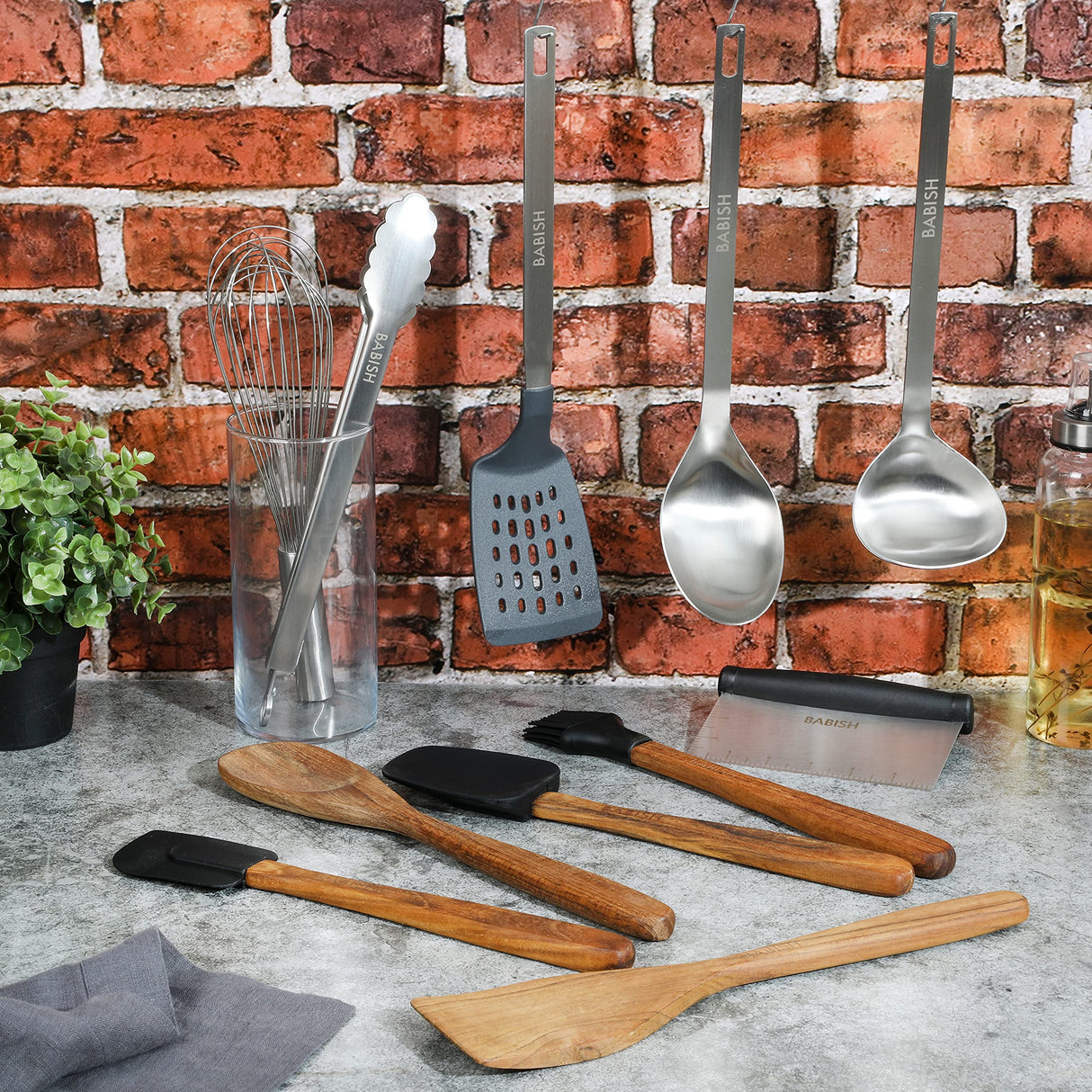Babish 11 Piece Essential Teak Wood, Silicone, and Stainless Steel Tool Set Babish