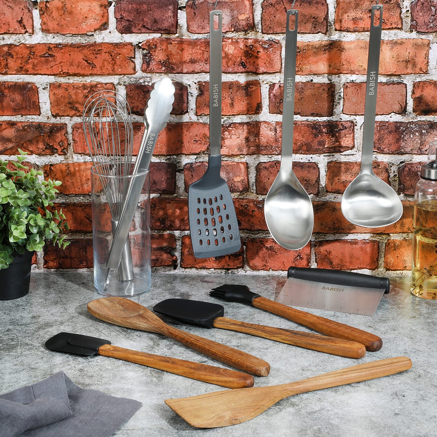 Babish 11 Piece Essential Teak Wood, Silicone, and Stainless Steel Tool Set