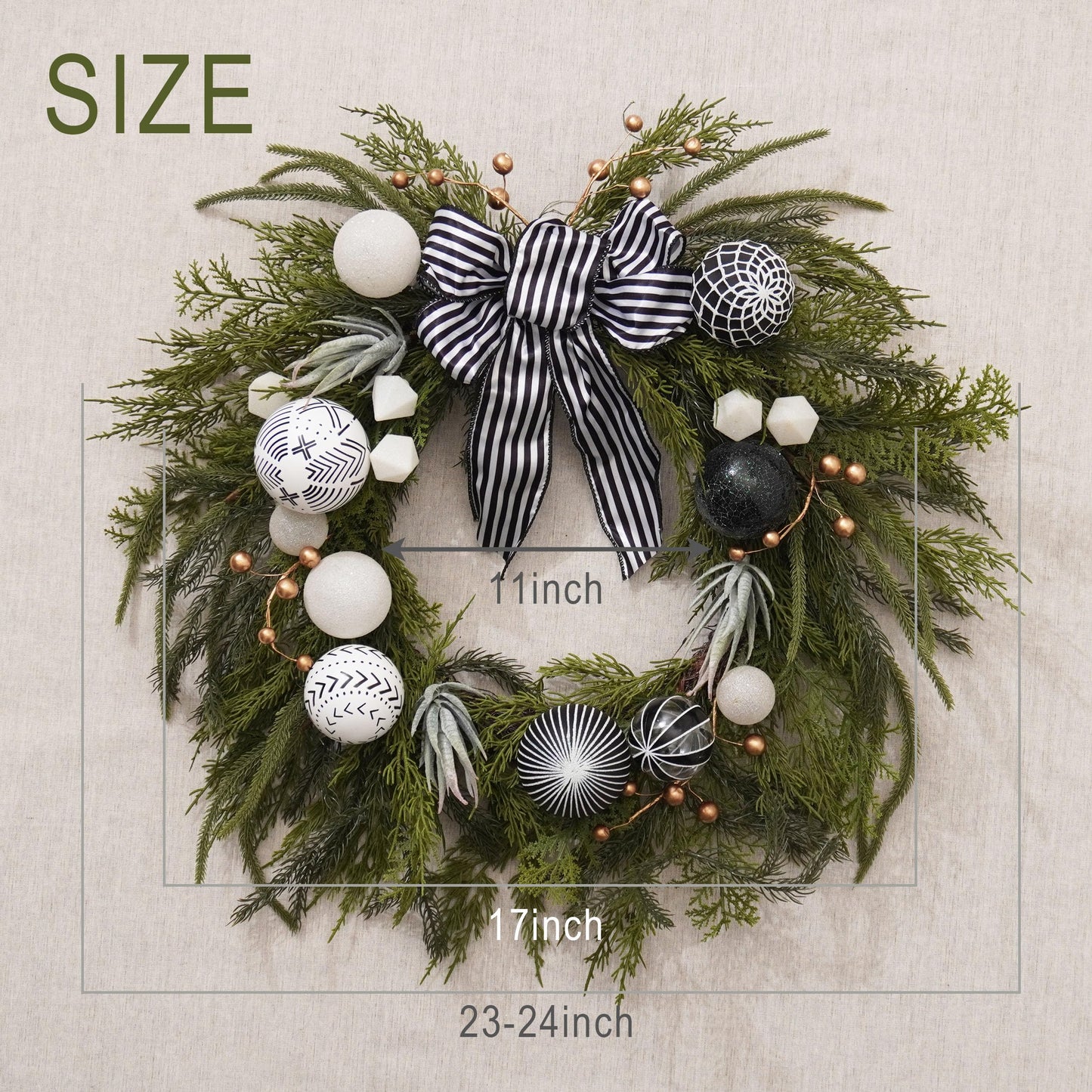 Decorbyhannah Collapsible Christmas Wreath, 24 inch Prelit Norfolk Pine Wreaths for Front Door with Ornament, Aritificial Greenery Christmas Wreath Decorations with Lights (Boho Black & White)