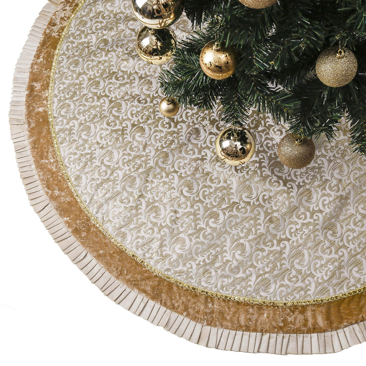 Valery Madelyn Christmas Tree Skirt for Tree Decorations, 60 Inch Fabric White Gold Small Xmas Velvet Tree Skirt with Embroidery Baroque Pattern & Pleated Border for Tree Merry Christmas Party Decor Valery Madelyn